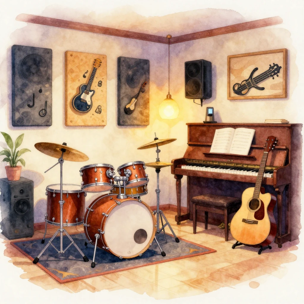 A vibrant music room interior with a drum kit, acoustic guit...