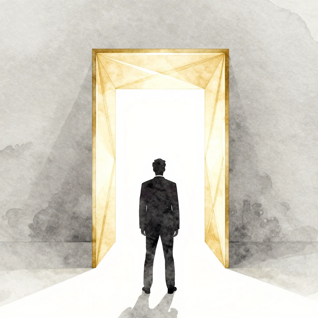 Watercolor style silhouette of a person facing a large glowi...
