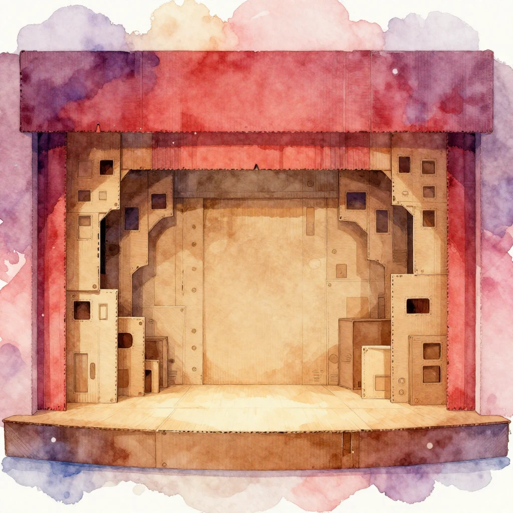 A vibrant watercolor style image of a stage with a detailed ...