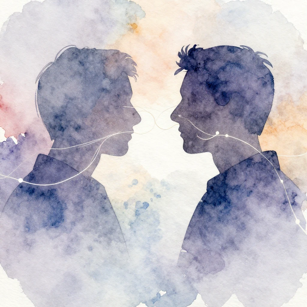 Watercolor style. Two abstract human silhouettes facing each...