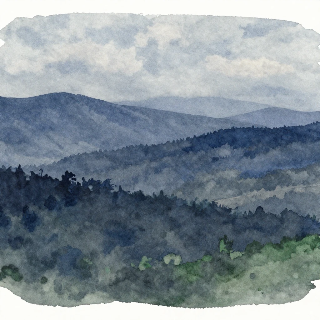 Abstract landscape with a cool color palette of deep blues, ...