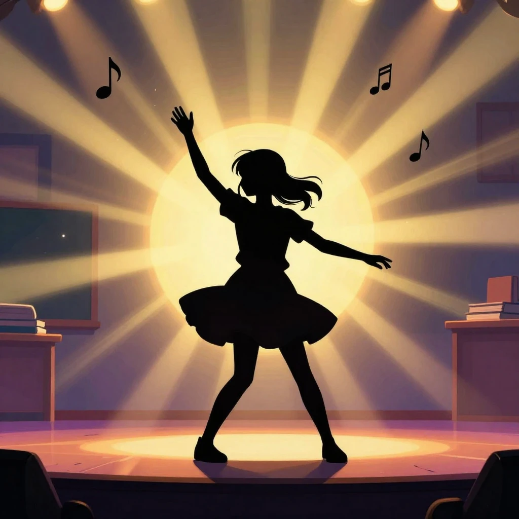 A vibrant silhouette of a joyful girl dancing on a school st...