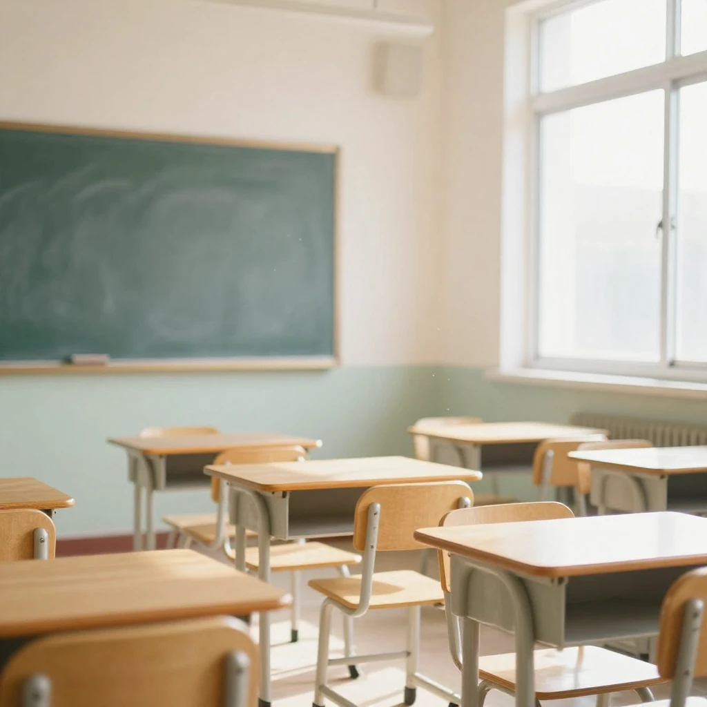 An empty elementary school classroom, small wooden desks and...