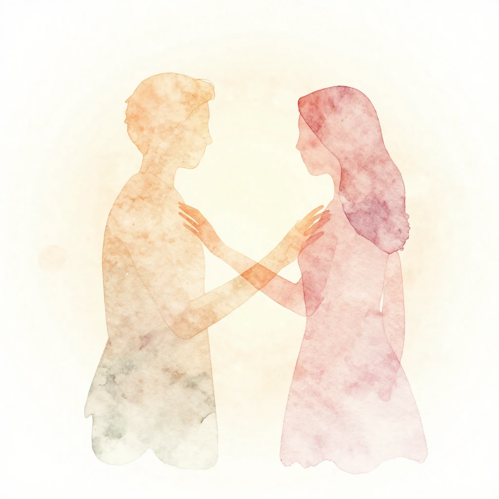 A minimalist watercolor illustration depicting two abstract ...