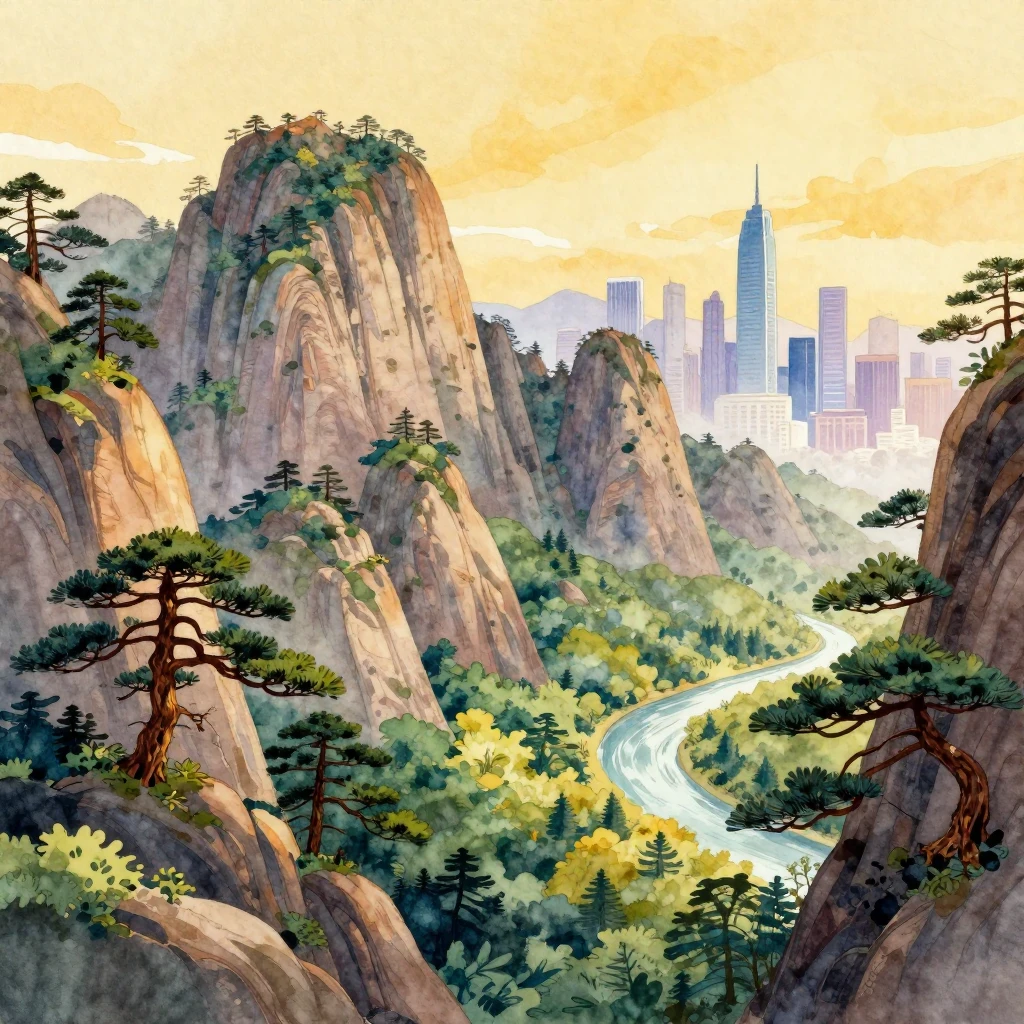 Vibrant watercolor illustration depicting a majestic mountai...