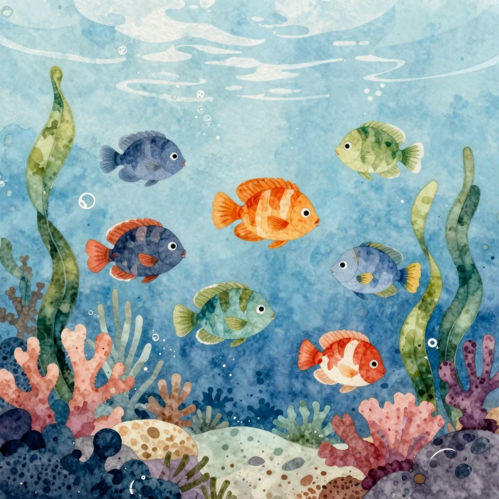 A whimsical watercolor illustration of colorful fish swimmin...