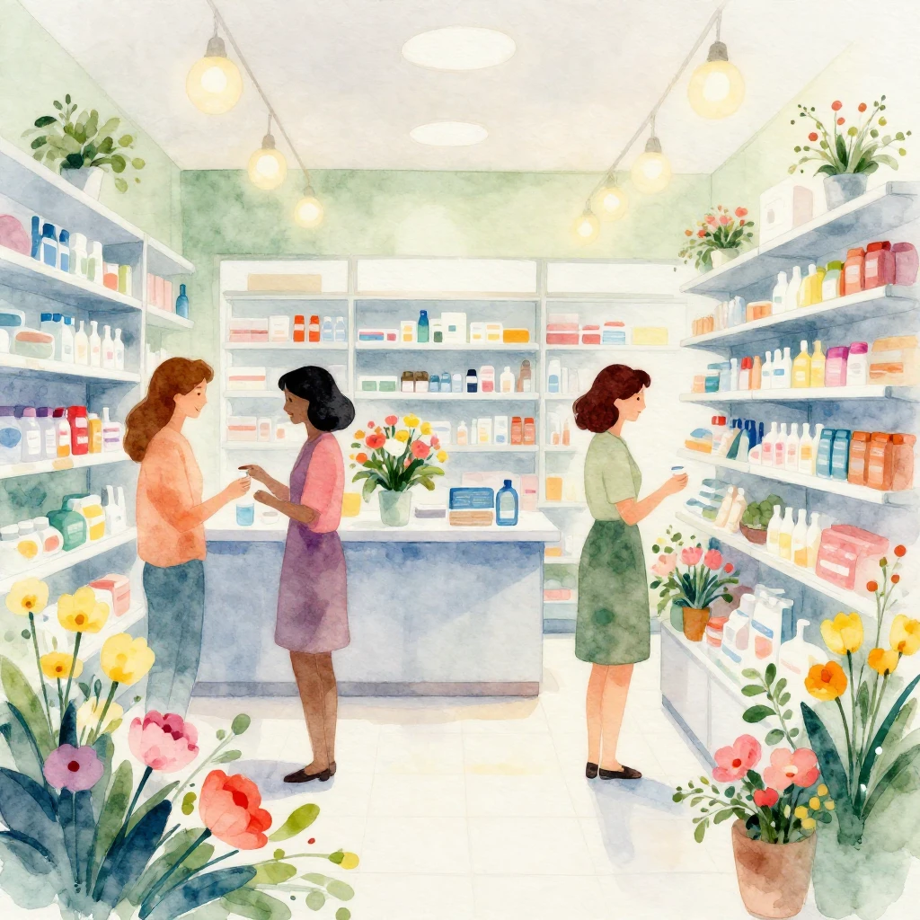 A bright and festive pharmacy interior, watercolor style, wi...