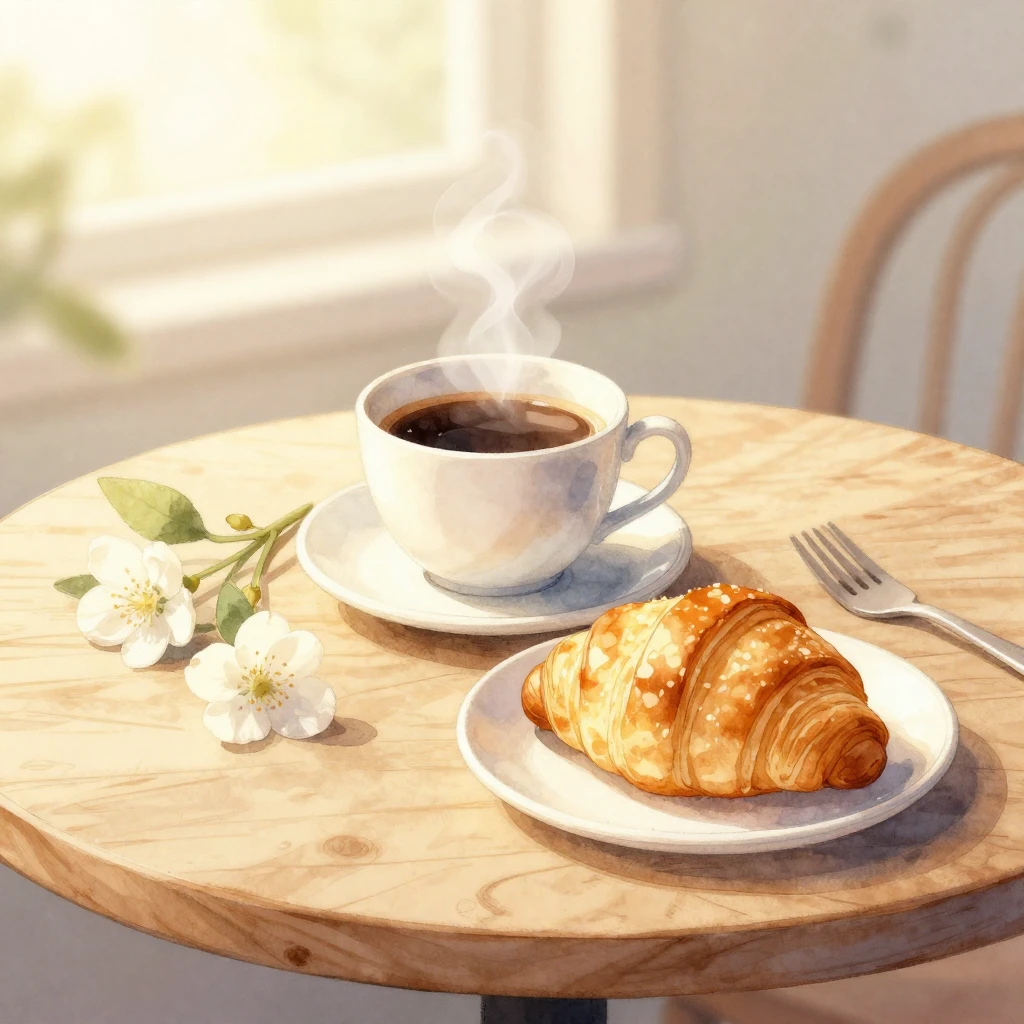 A watercolor illustration of a cozy sunlit breakfast scene w...