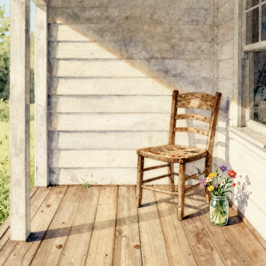 Watercolor style. A simple, sunlit wooden porch with a few r...