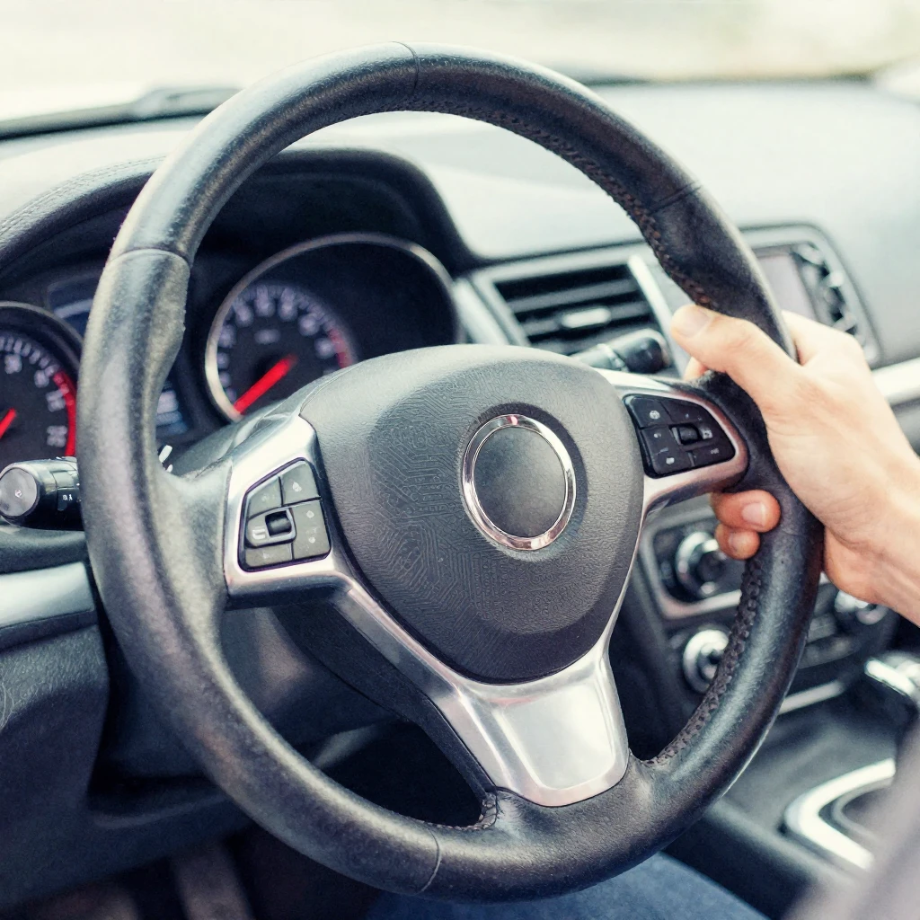 A human hand firmly gripping a steering wheel, with a subtle...