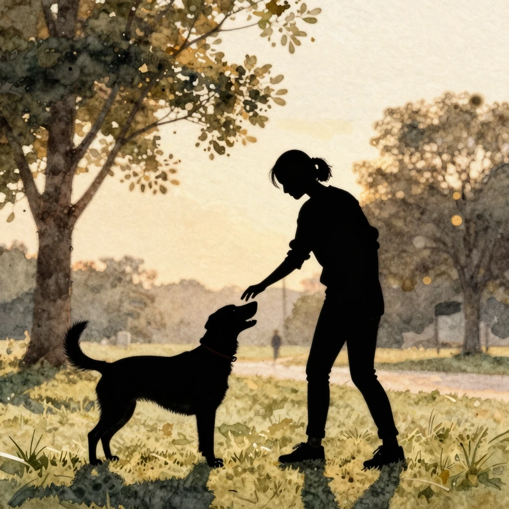Watercolor style. Silhouette of a person training a service ...