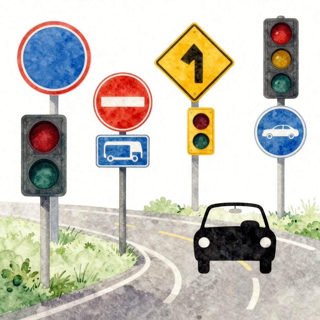 Vibrant watercolor illustration depicting various road signs...