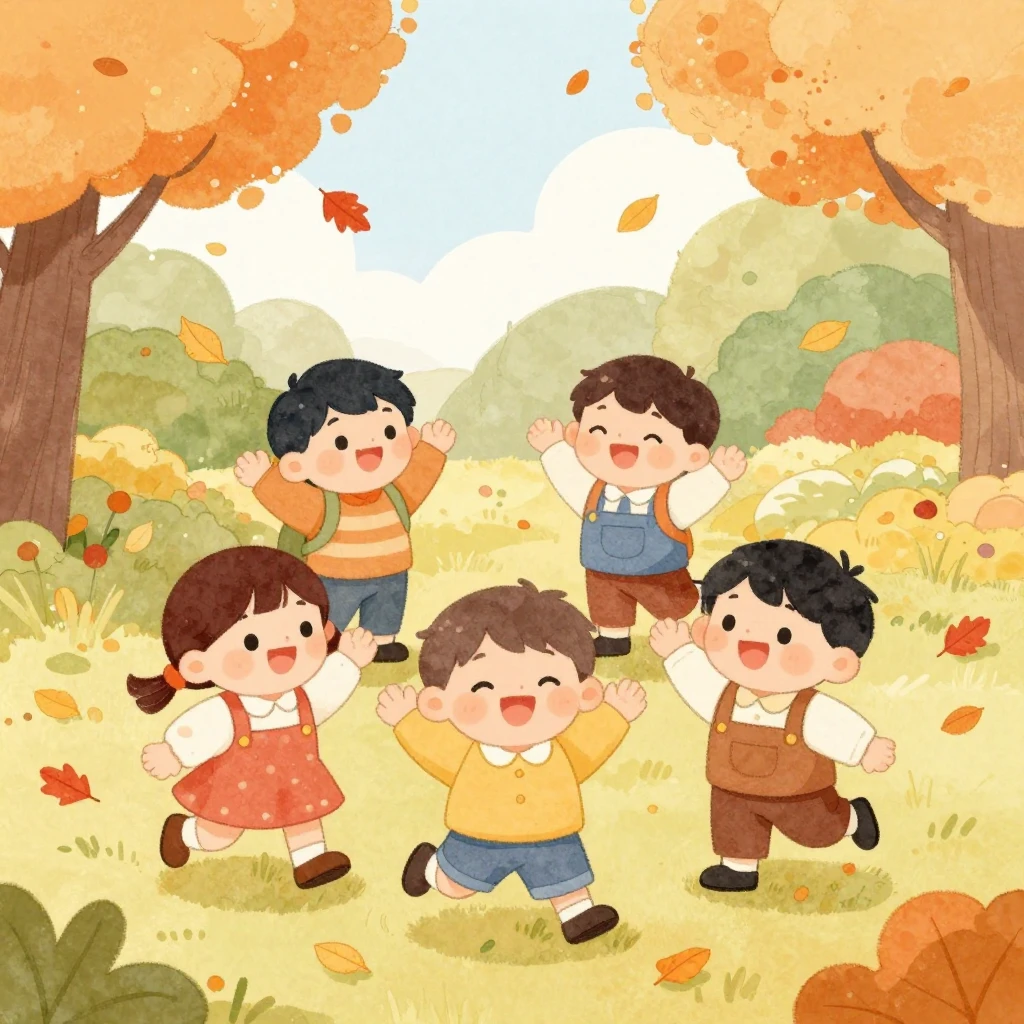 A whimsical watercolor illustration of cheerful kindergarten...