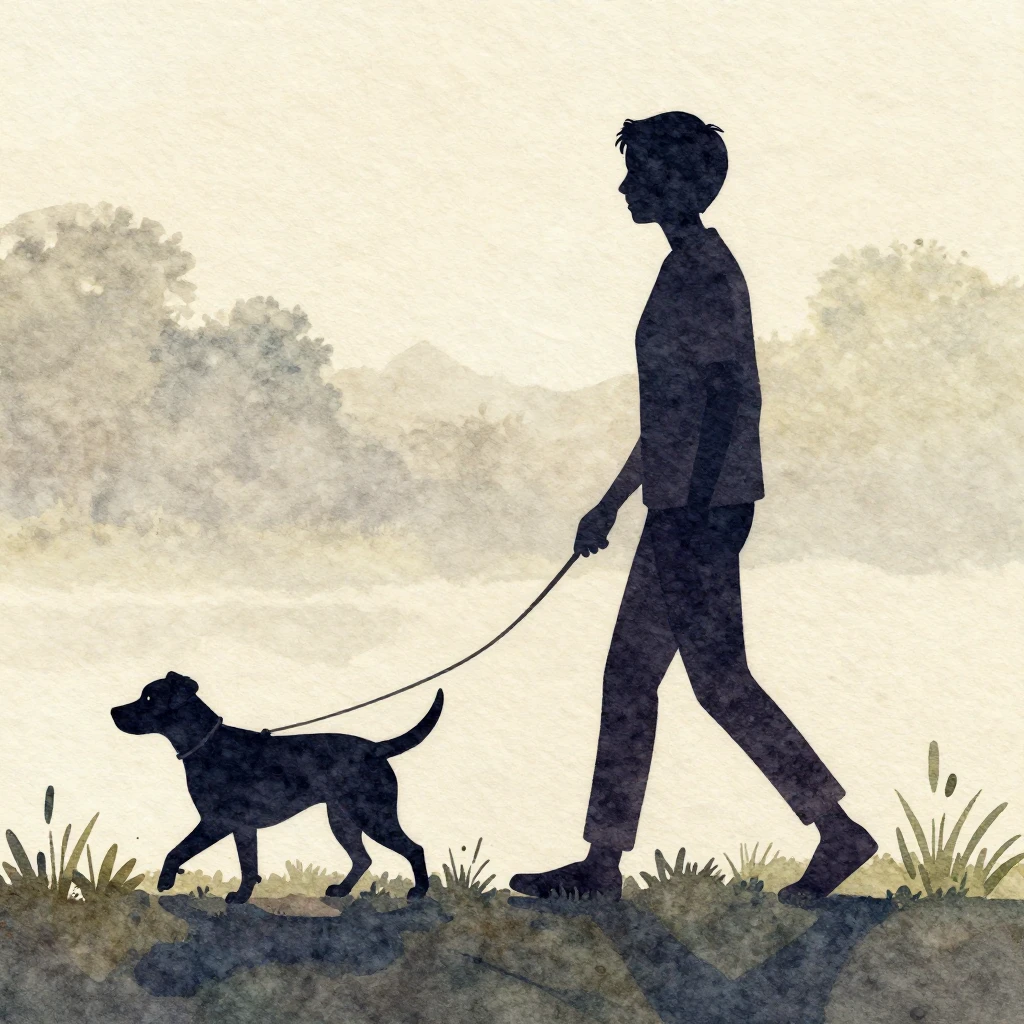 Silhouette of a person walking with a dog, side by side, in ...