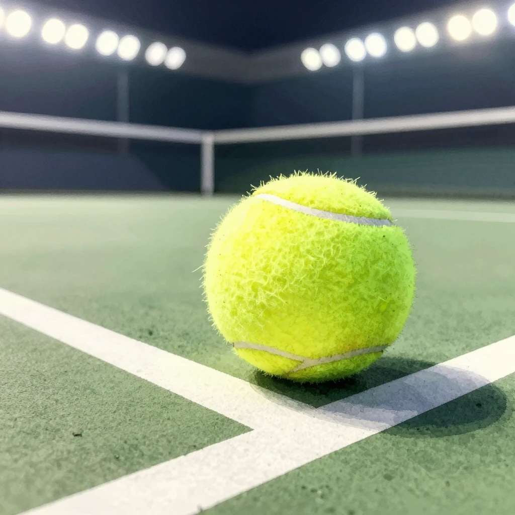 Watercolor painting of a tennis ball on a white court line, ...