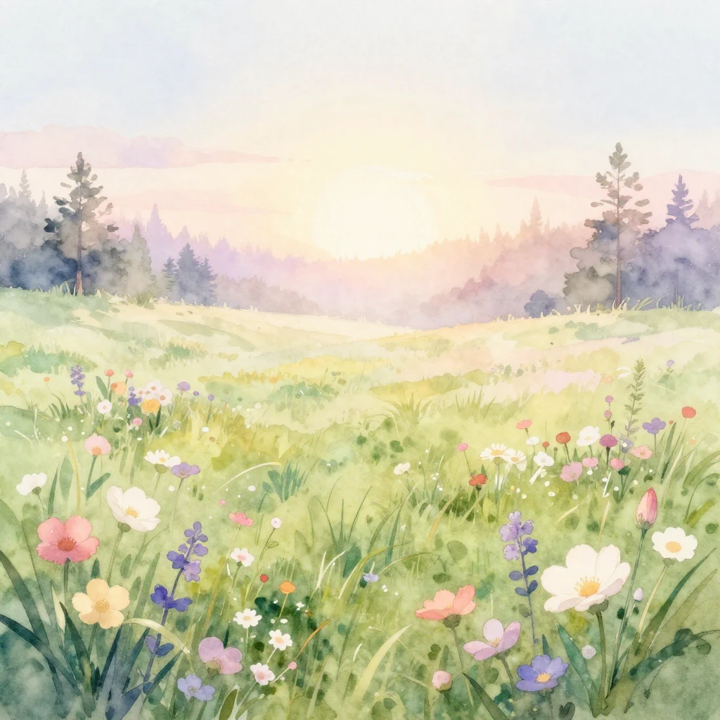 A serene watercolor painting of a spring meadow at sunrise, ...