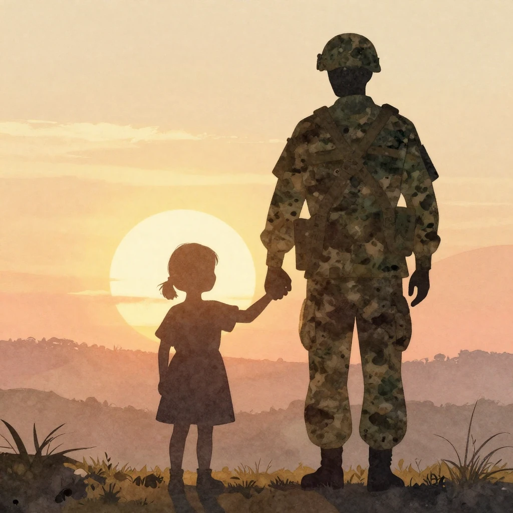 A strong, faceless silhouette of a soldier holding hands wit...