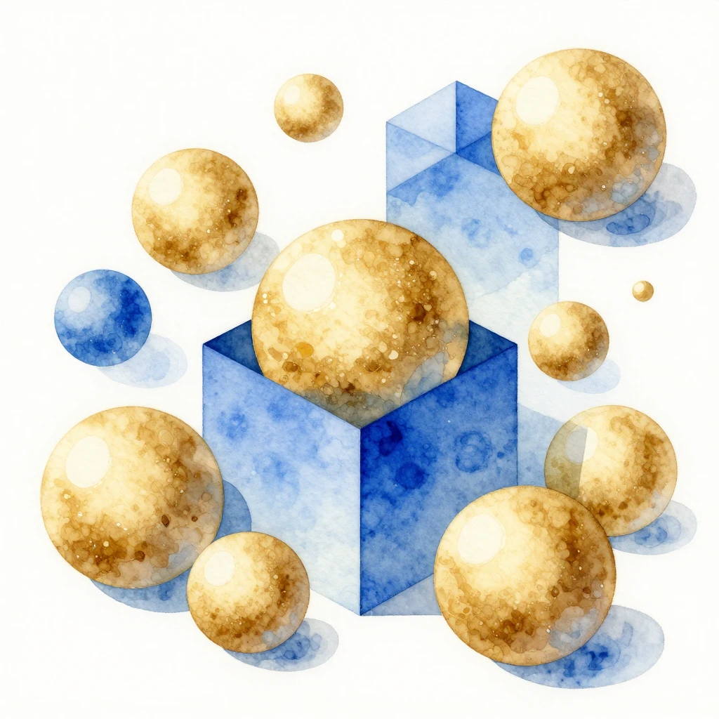 Watercolor painting with golden spheres and blue geometric s...