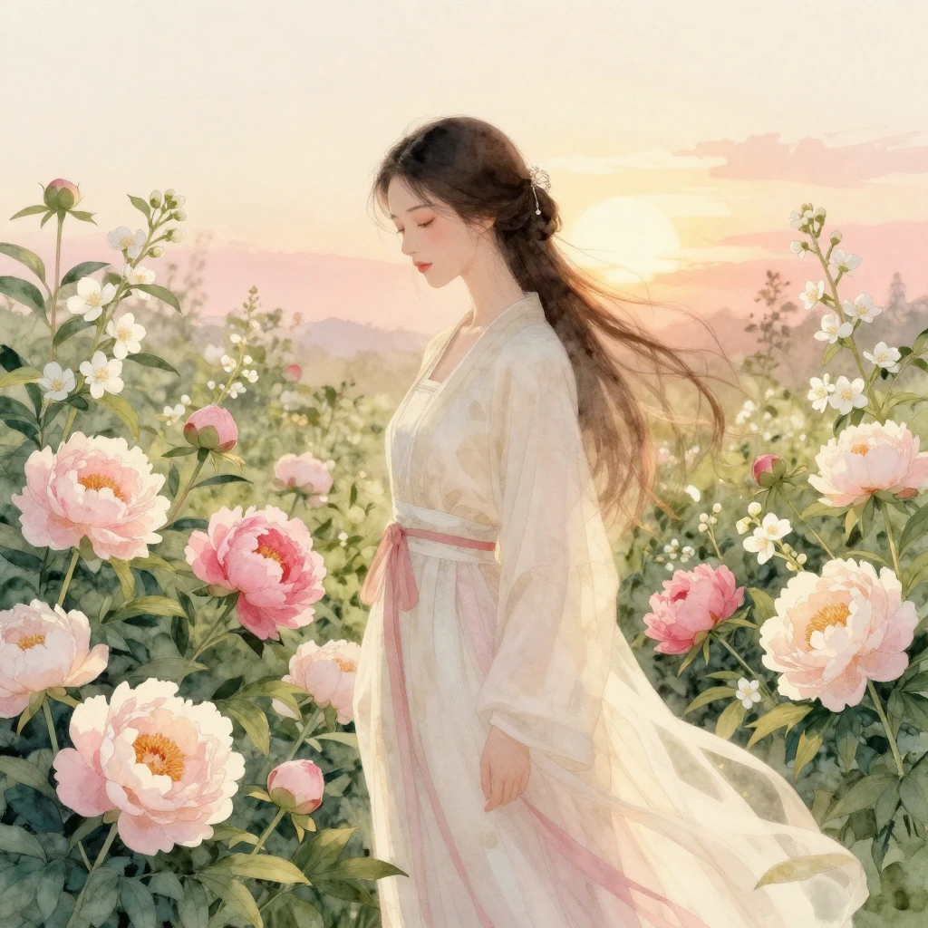Watercolor illustration of a graceful woman in a lush garden...