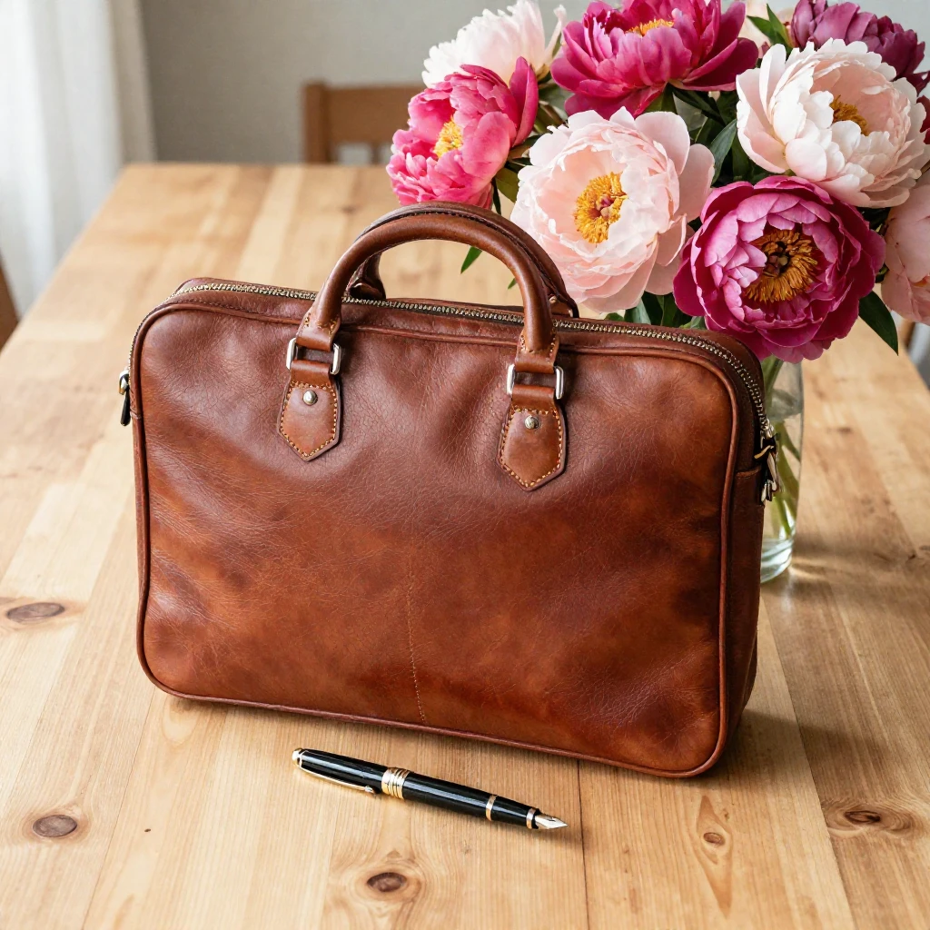 A stylish leather briefcase and an elegant fountain pen plac...