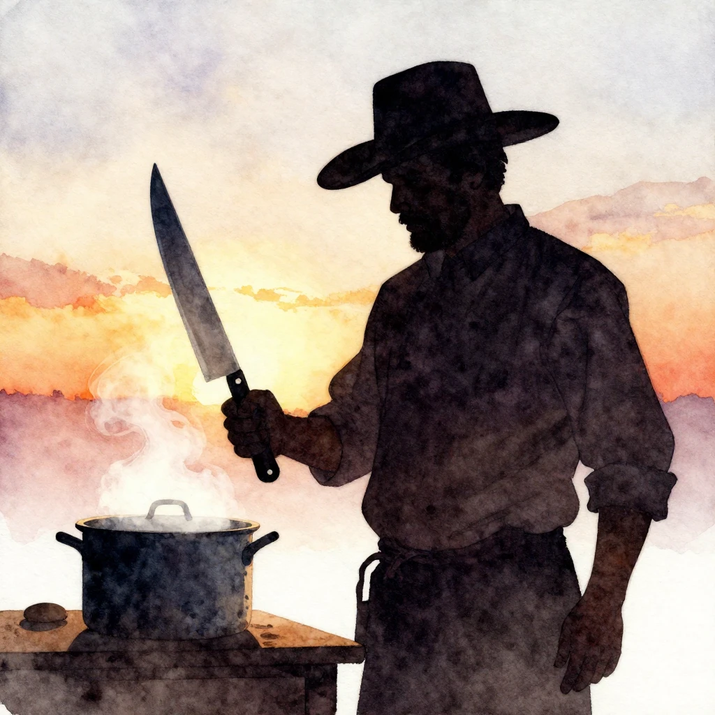 A watercolor painting of a cook's silhouette. The cook wears...