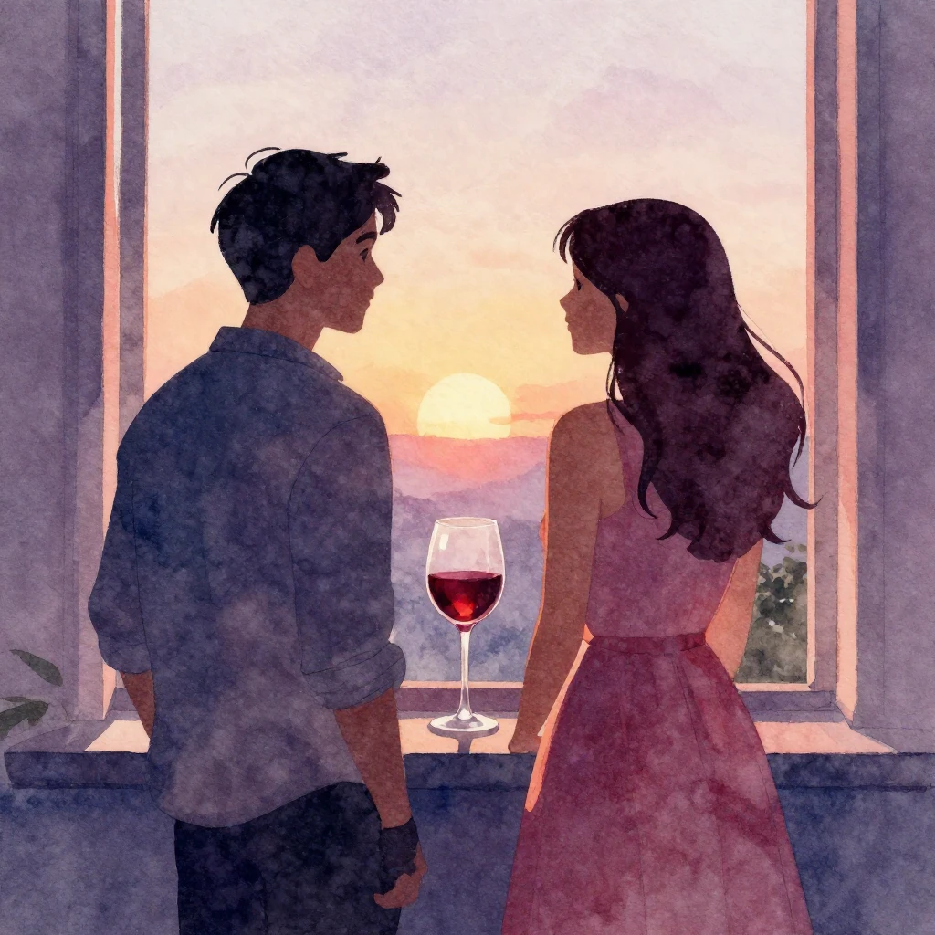 Vibrant watercolor style. Silhouetted figures, a man and a w...