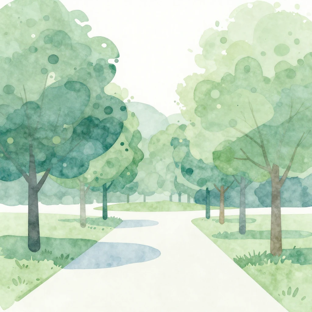 Stylized park trees and pathways in a minimalist design, wat...