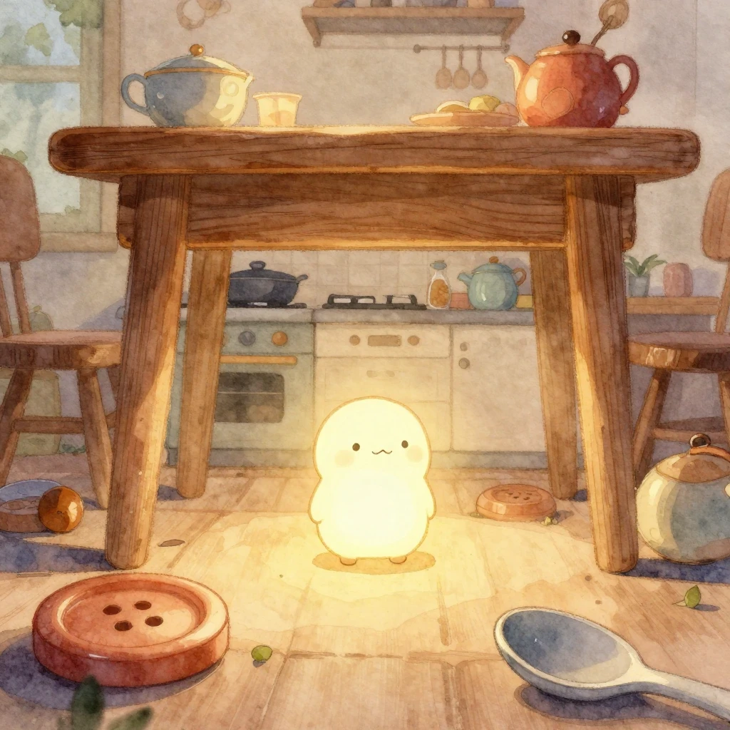 Watercolor style. A tiny glowing creature in a cozy hidden w...