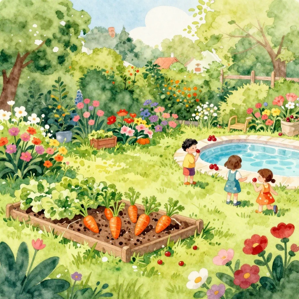 Vibrant watercolor illustration of a sunny dacha garden. Blo...