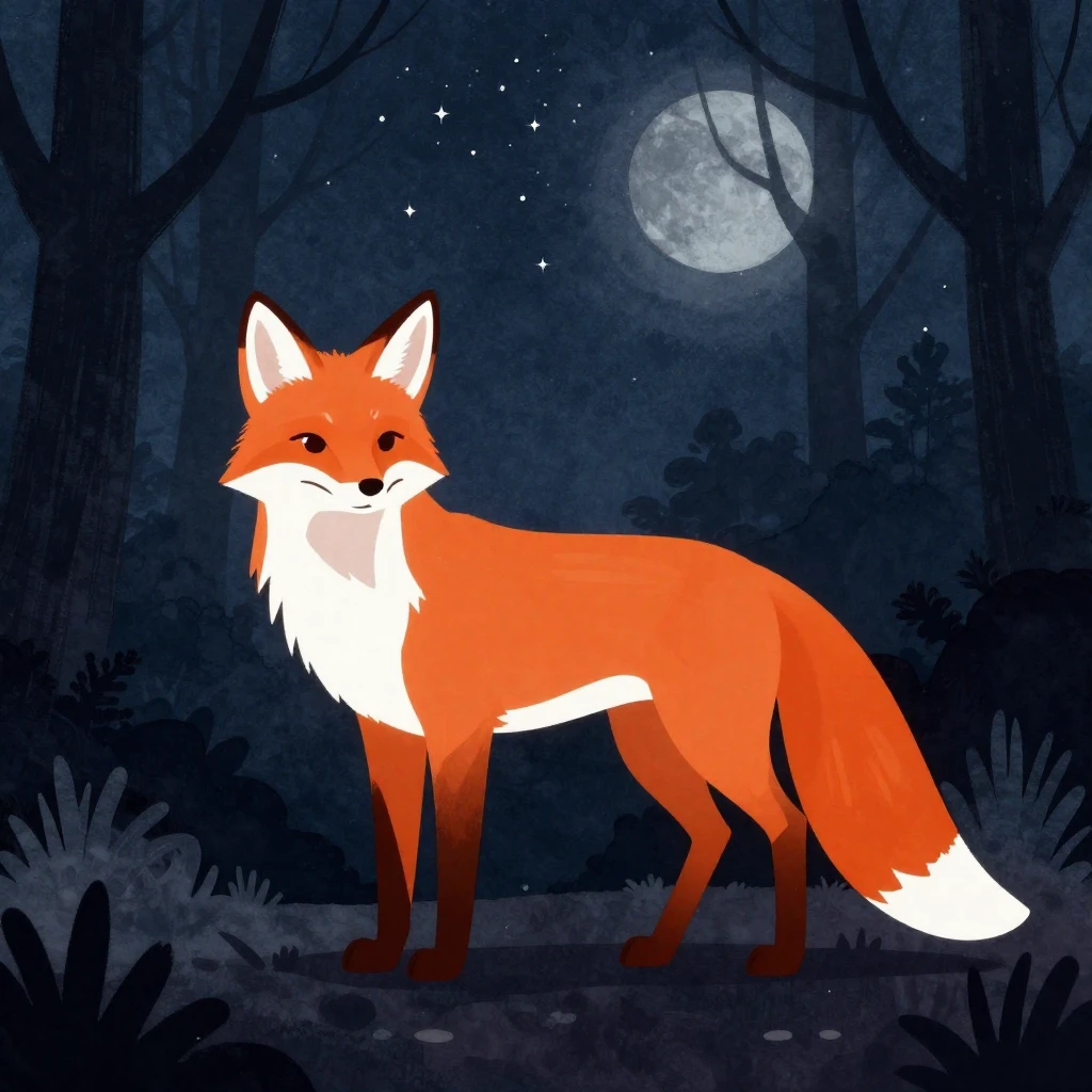 An orange fox silhouette standing gracefully in a dark, moon...