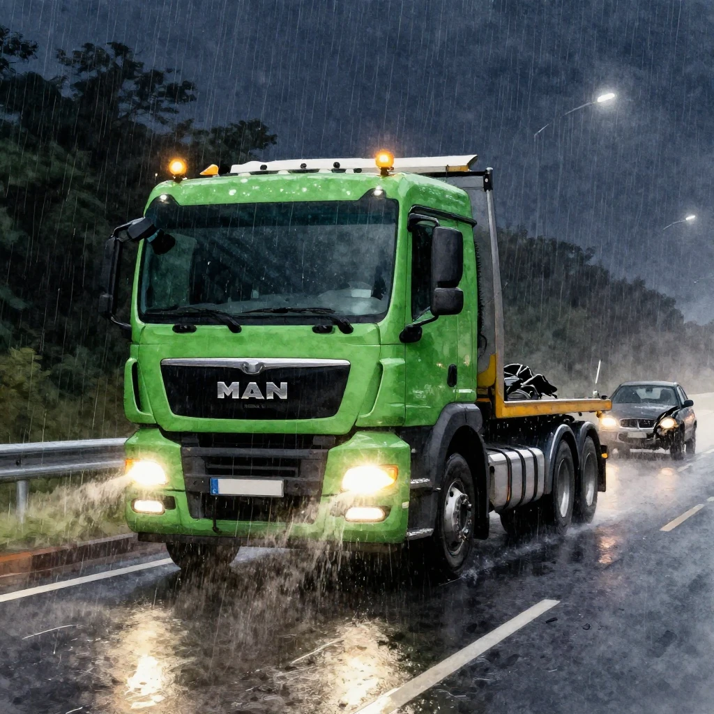 A powerful green MAN tow truck, prominently featured, drivin...