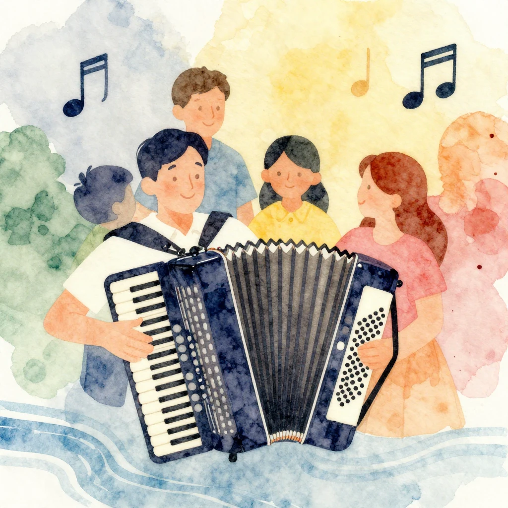 A vibrant watercolor illustration depicting the theme of mus...