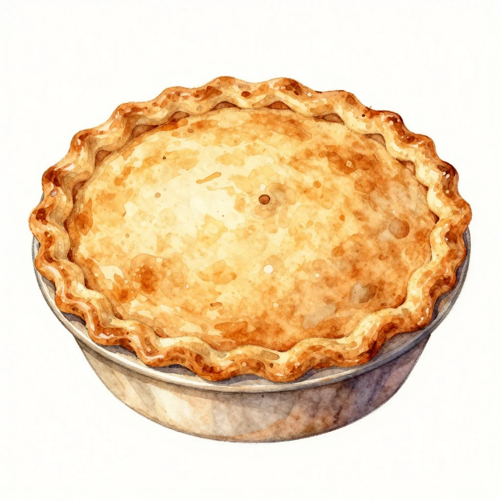 A rustic watercolor painting of a golden-brown pie, emphasiz...