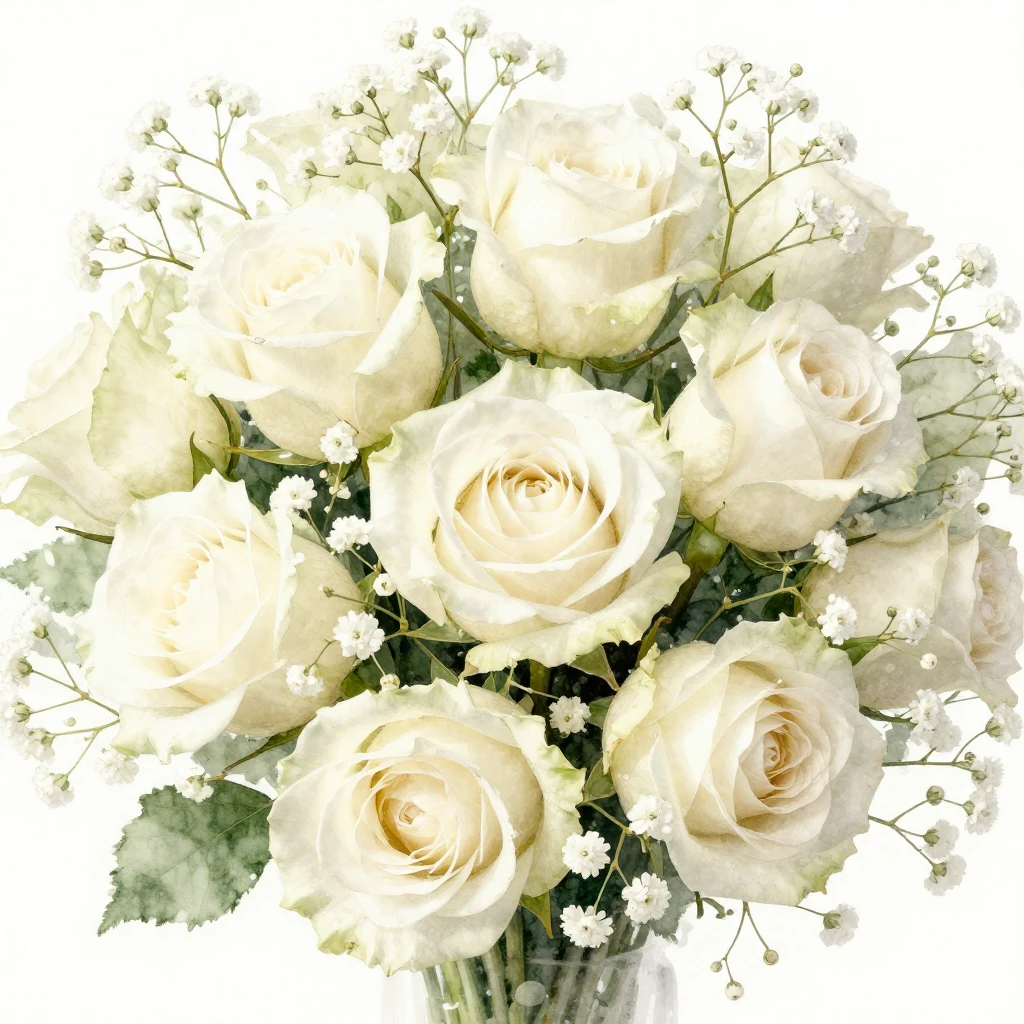 A close-up watercolor concept art of a lush bouquet of white...