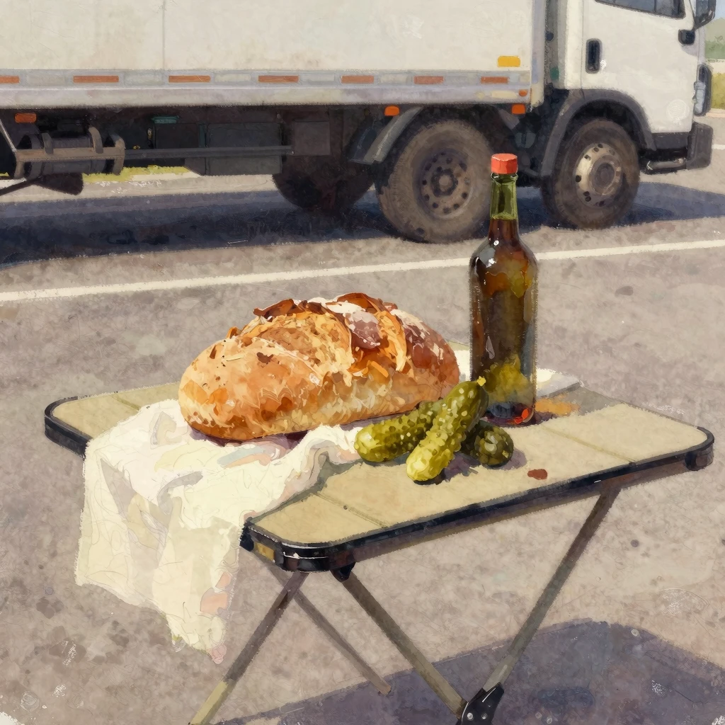 Watercolor still life of bread, pickles, and a bottle on a s...