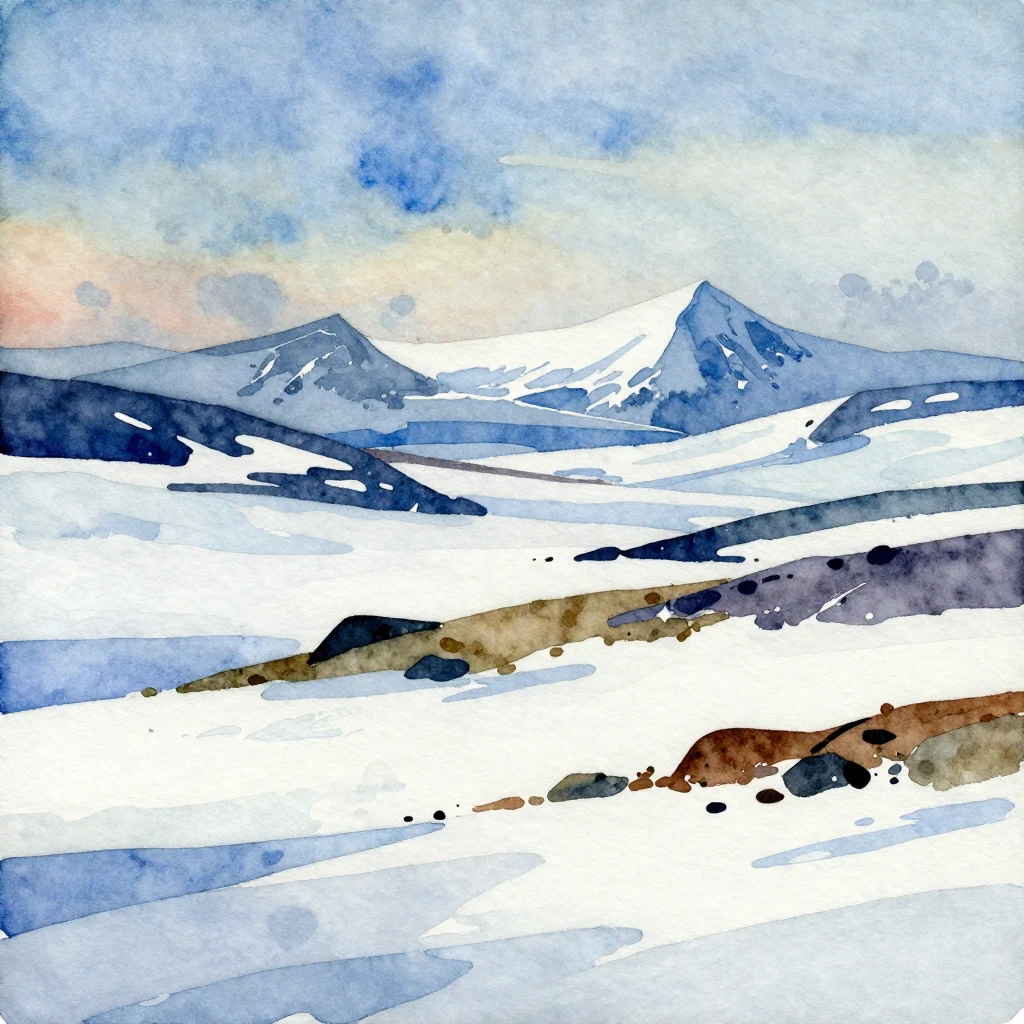 Vibrant watercolor art depicting an abstract Arctic landscap...