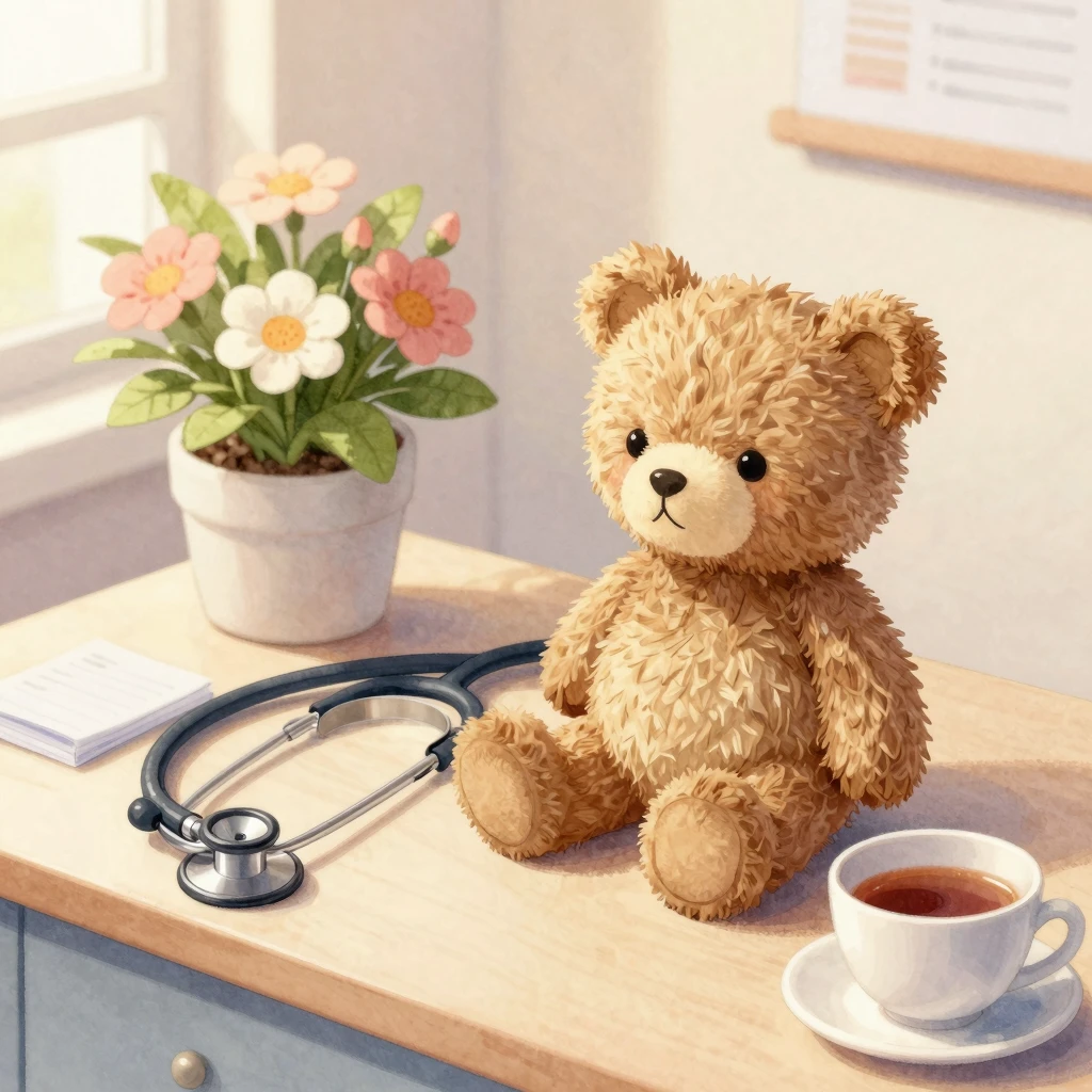 Watercolor style close-up of a small toy bear sitting on a c...