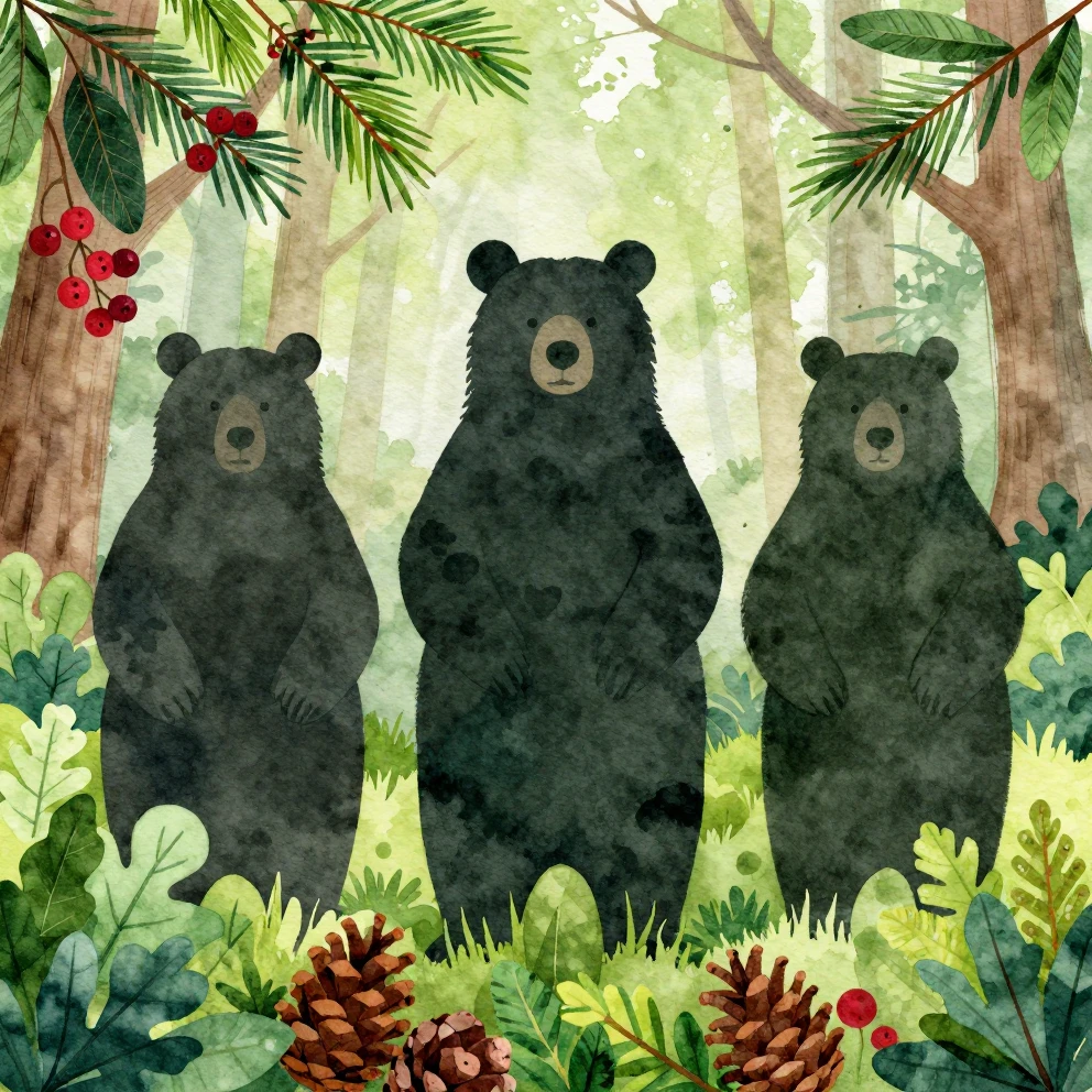 Watercolor style illustration of three bear silhouettes in a...