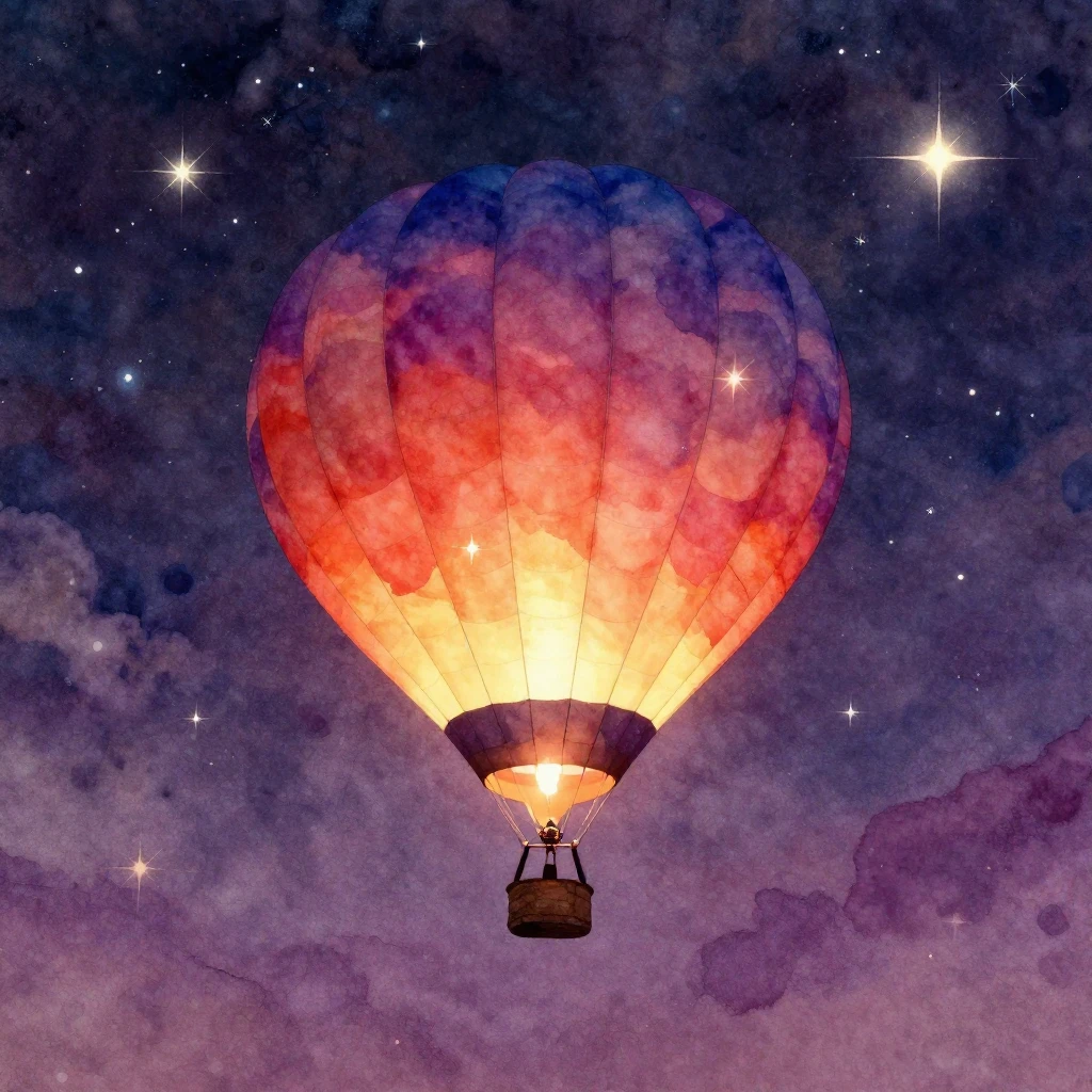 A hot air balloon silhouette, rendered in vibrant watercolor...