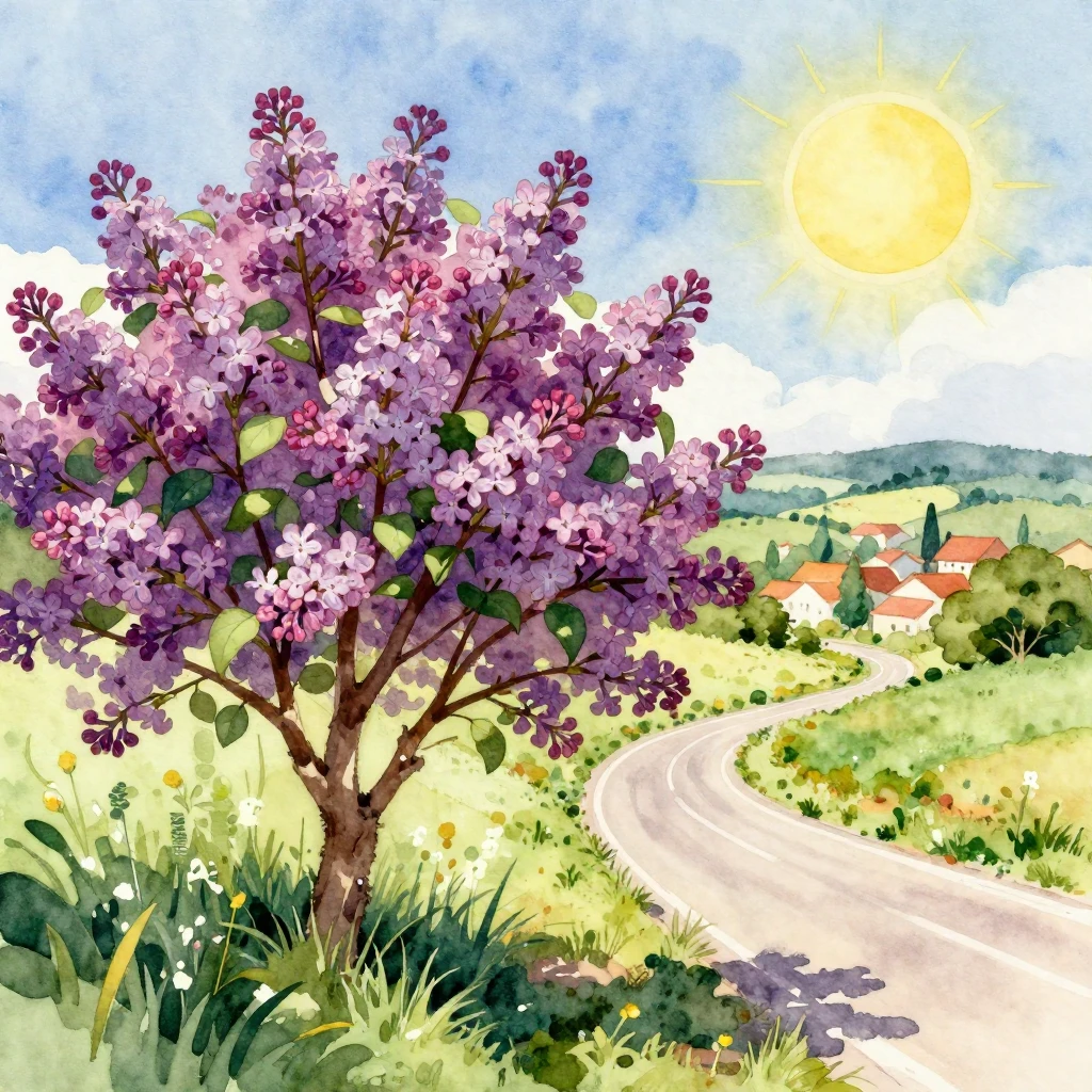 A vibrant watercolor landscape depicting a blooming lilac tr...