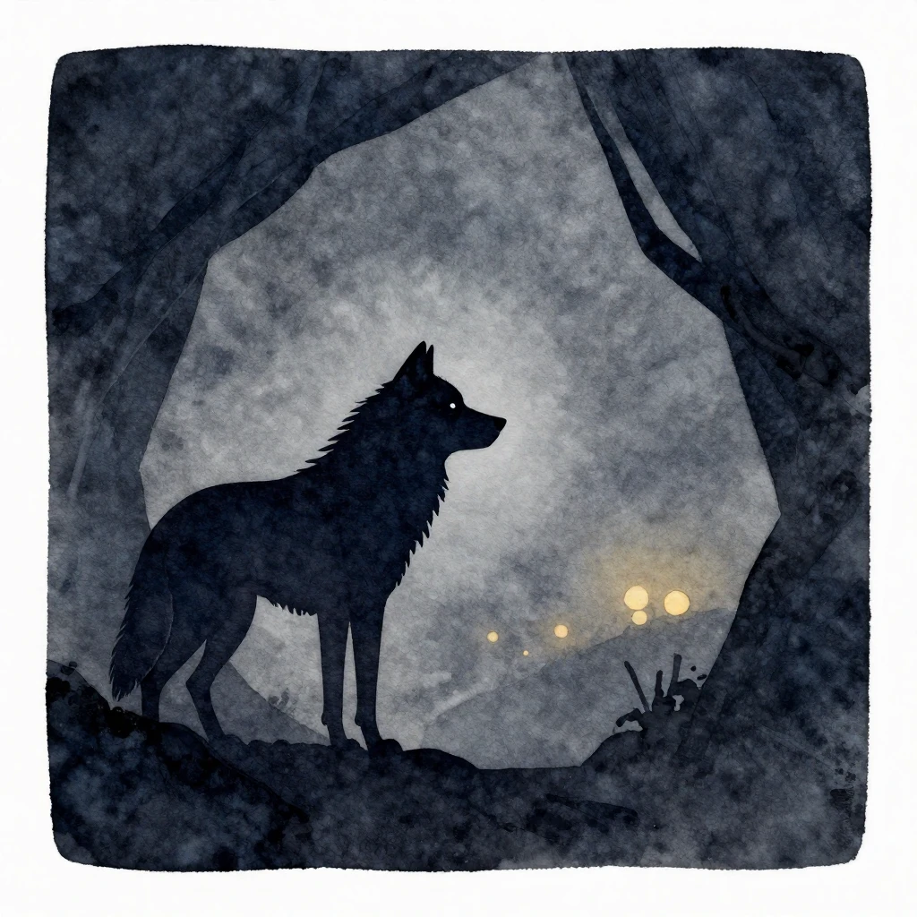 Minimalist watercolor painting of a silhouette of a wolf, in...