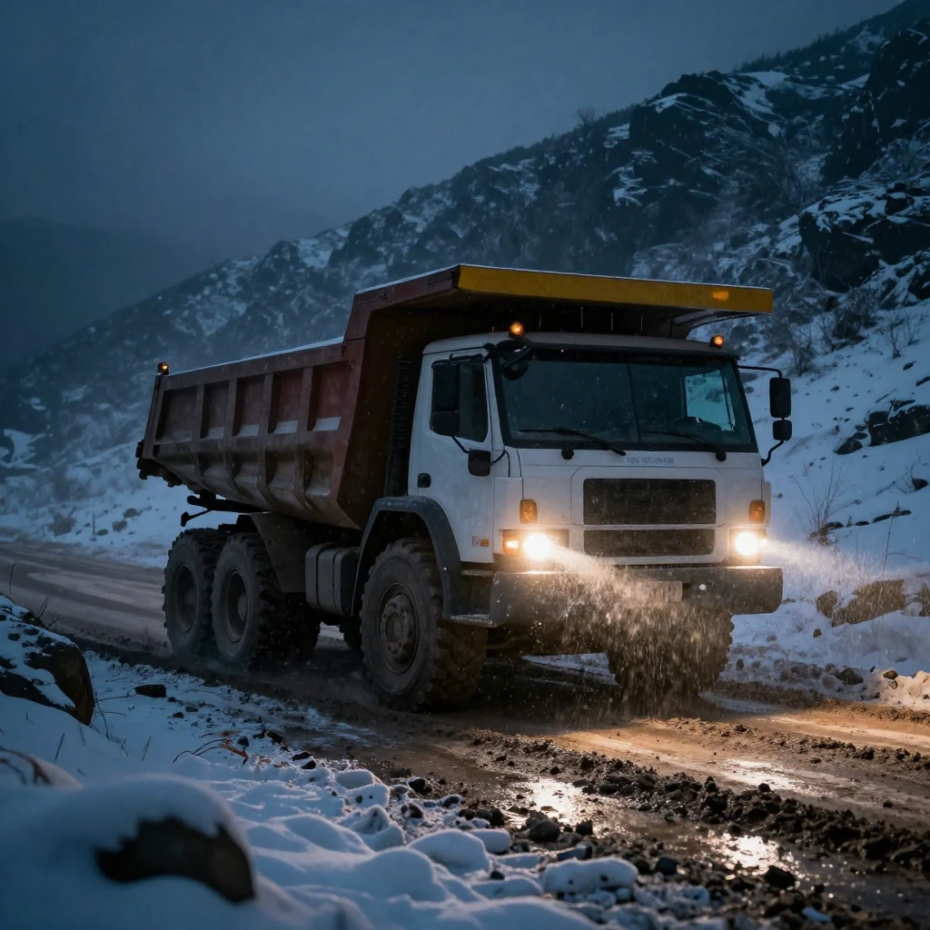 A powerful dump truck navigating challenging terrain, such a...
