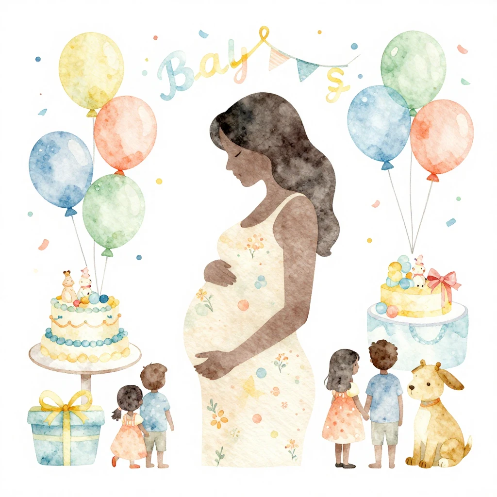 A charming watercolor illustration of a baby shower celebrat...