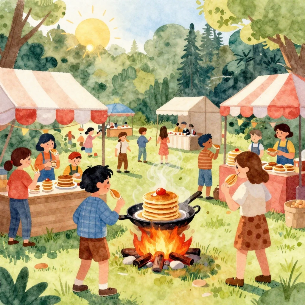 A vibrant watercolor illustration of a lively pancake festiv...
