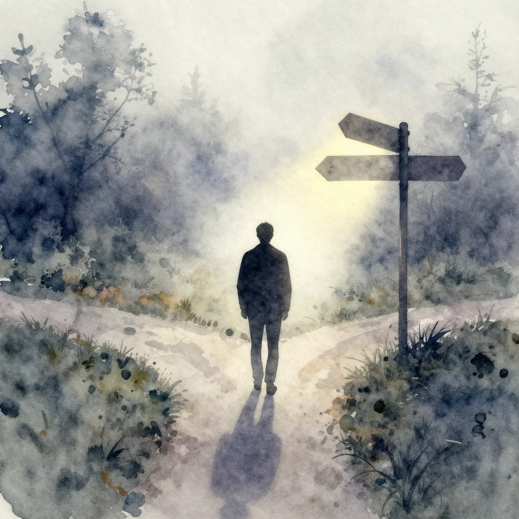 A dramatic watercolor scene showing a person's silhouette at...