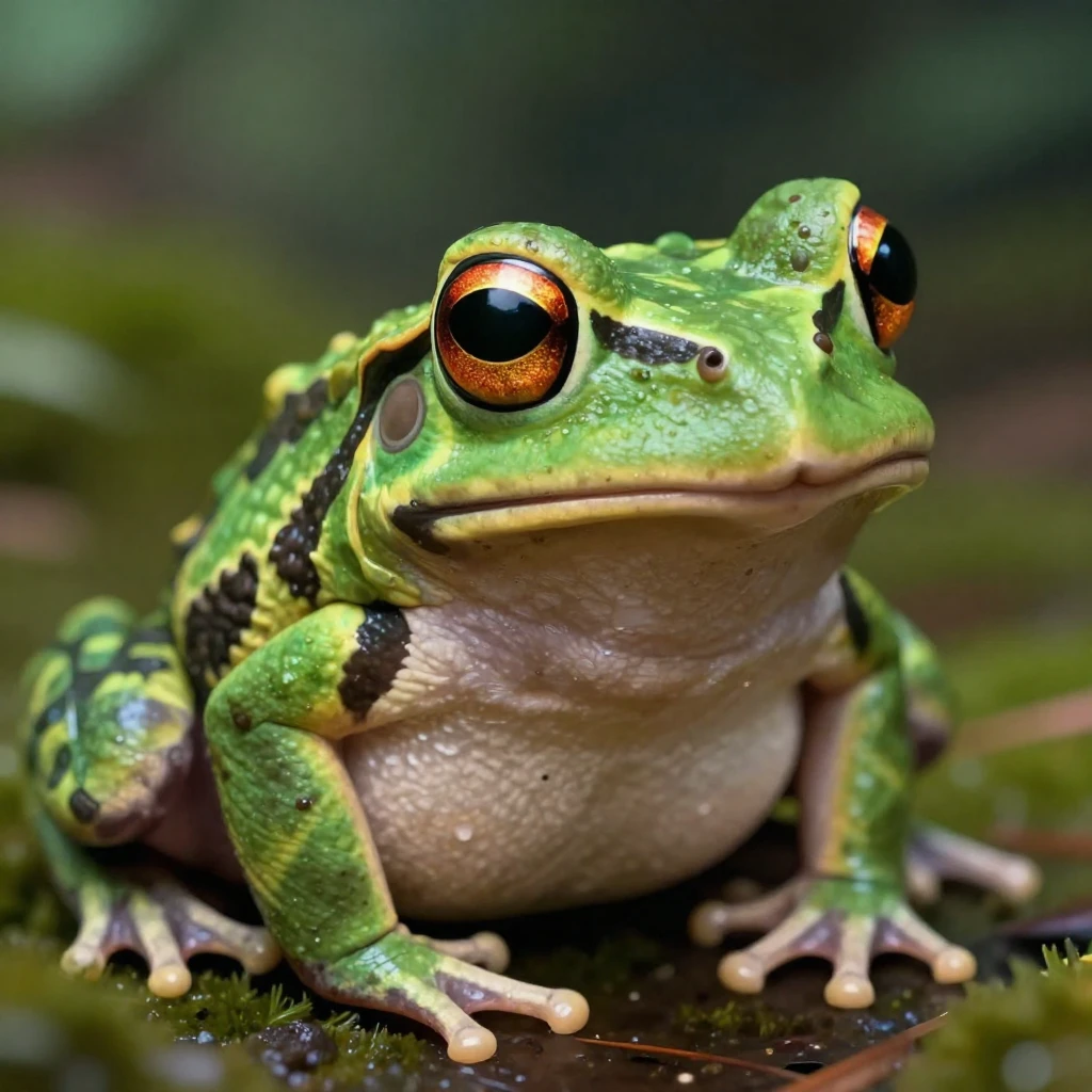 A close-up of a stylized, vibrant toad or frog, perhaps with...