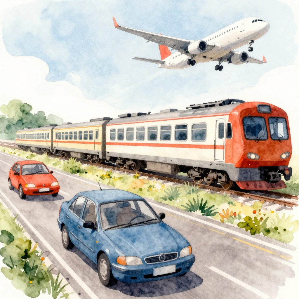 A dynamic watercolor scene featuring various vehicles in mot...