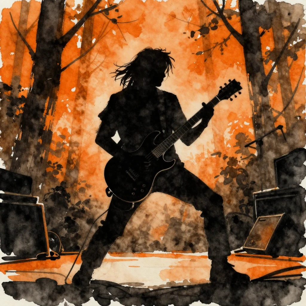 A watercolor painting depicting a silhouette of a guitarist ...