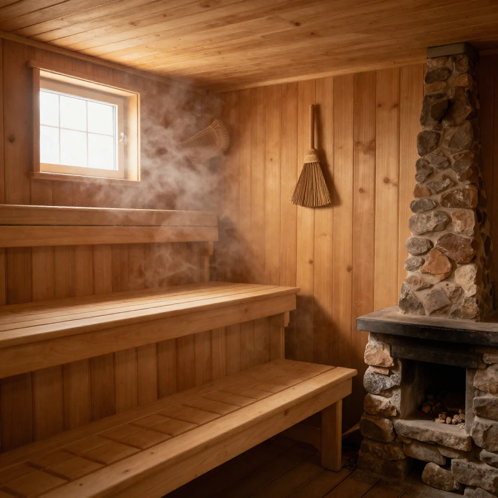 A cozy, steamy Russian banya interior with wooden benches, a...