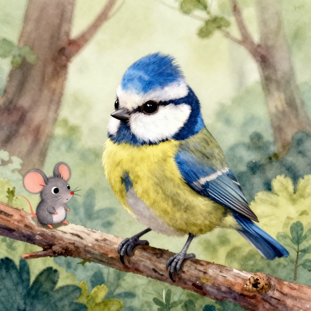 Vibrant watercolor style. A cute, round blue tit bird, with ...
